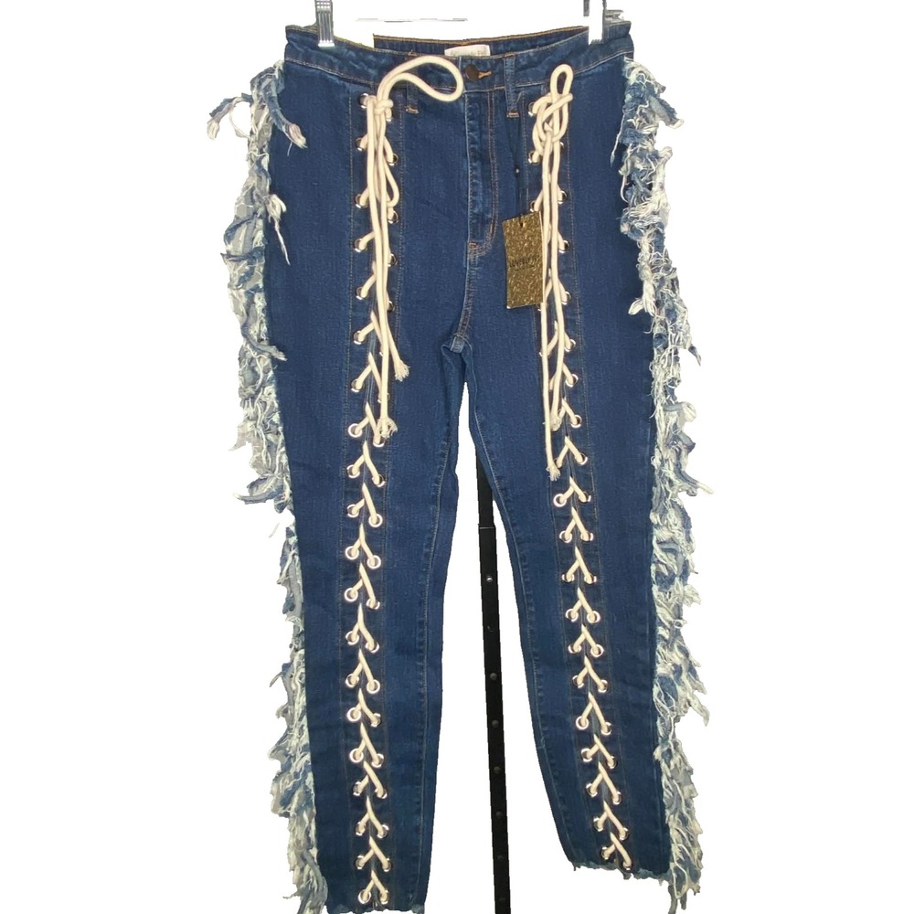 Loverly Fit‎ jeans women's size 11 dark wash Fringe front tie straight High Rise